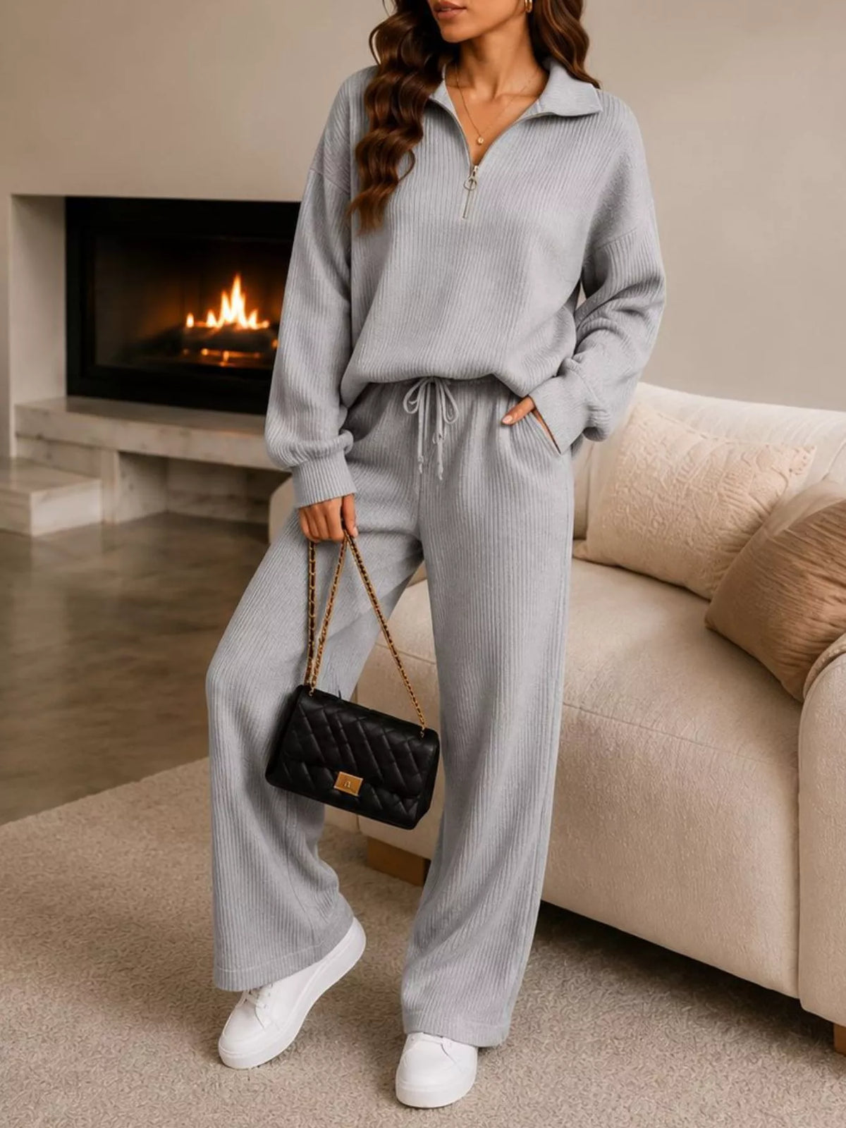 Ribbed Knit Quarter-Zip Top and Wide-Leg Pants Set - Light Gray - View 1