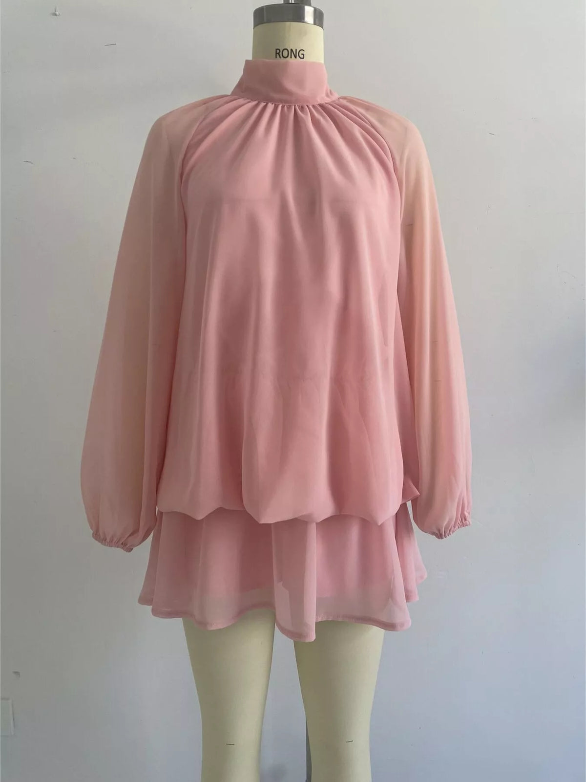 Mock Neck Sheer Chiffon Mini Dress - Dusty Pink - View 5