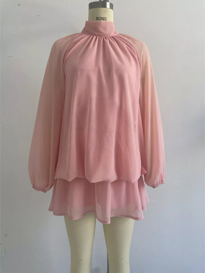 Mock Neck Sheer Chiffon Mini Dress - Dusty Pink - View 5