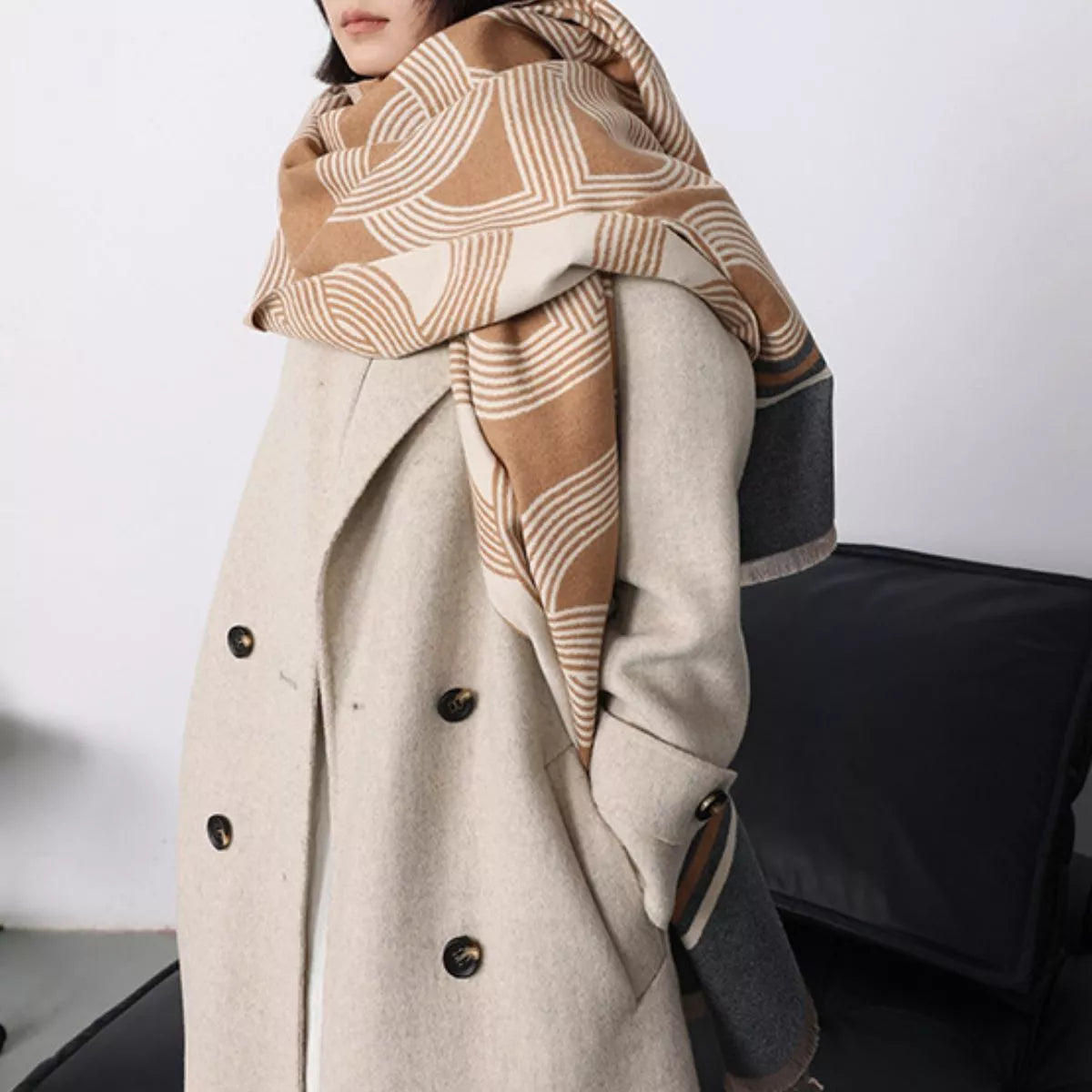Geometric Pattern Raw Hem Scarf - Khaki - View 5