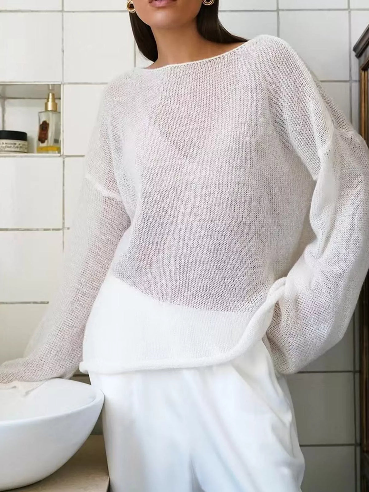 Full Size Sheer Lightweight Knit Top Plus Size - White - View 30