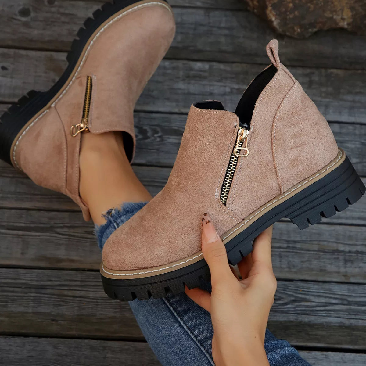Ankle Boots with Zipper Detail - Pink - View 6