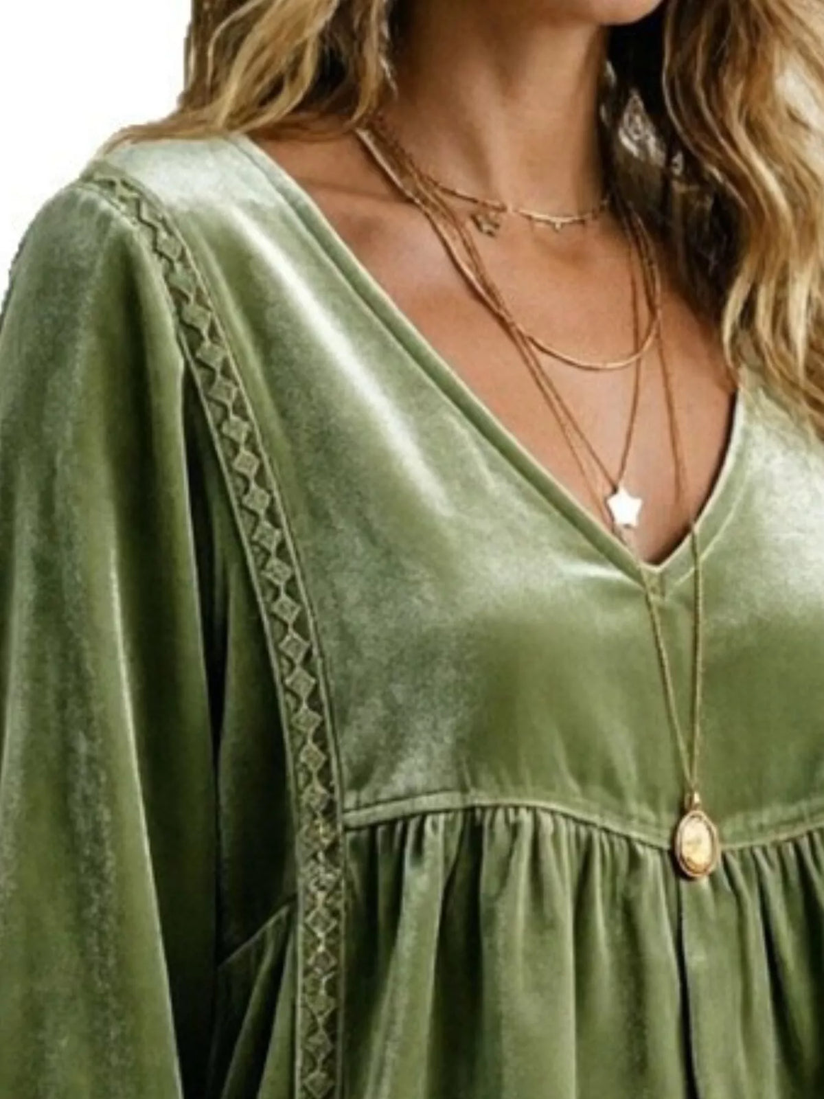 Full Size V-Neck Long Sleeve Velvet Blouse with Lace Trim Plus Size - Olive - View 2