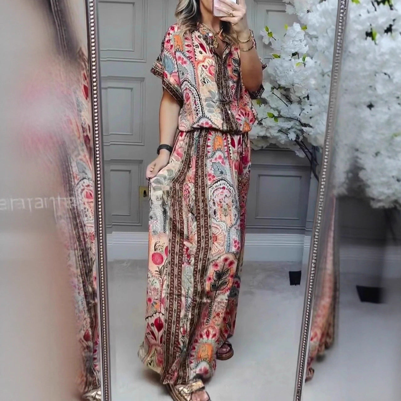 Fashionable Summer Casual Printed Round Neck Cardigan Top with Wide Leg Pants Two-Piece Set