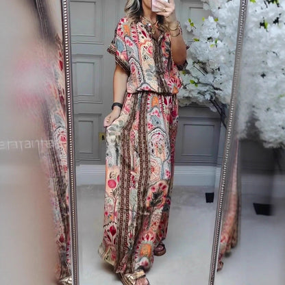 Fashionable Summer Casual Printed Round Neck Cardigan Top with Wide Leg Pants Two-Piece Set