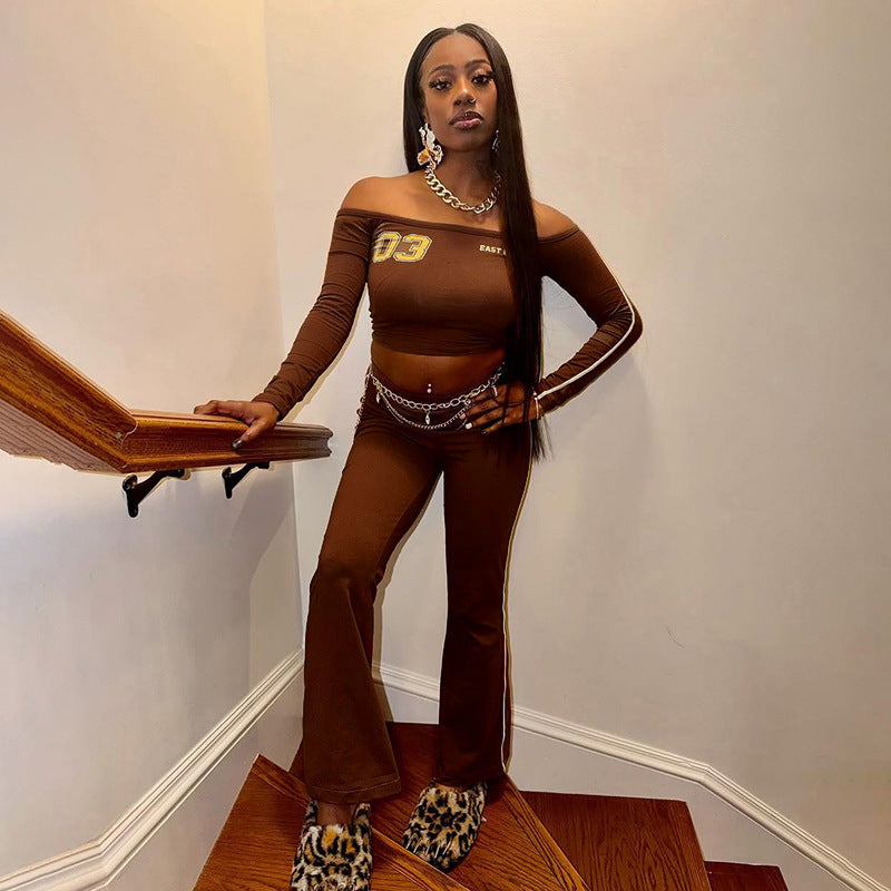 Off-Shoulder Letter Long Sleeve Top and Wide Leg Pants Athletic Set