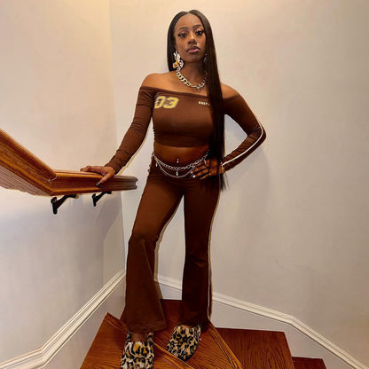 Off-Shoulder Letter Long Sleeve Top and Wide Leg Pants Athletic Set
