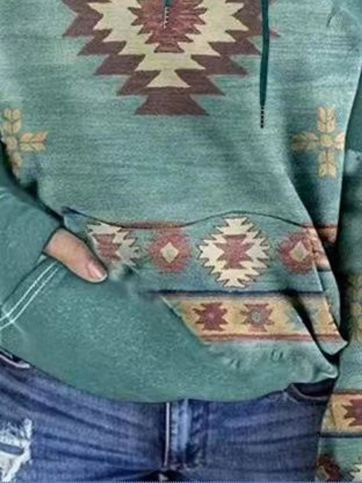 Full Size Aztec Print Hoodie with Kangaroo Pocket Plus Size - Green - View 11