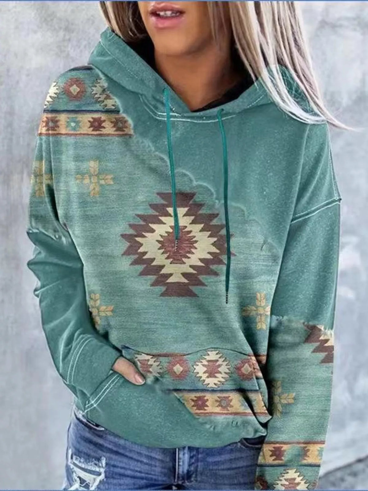 Full Size Aztec Print Hoodie with Kangaroo Pocket Plus Size - Green - View 9