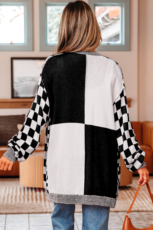 Black Checkered Open Front Drop Shoulder Cardigan - Black - 2