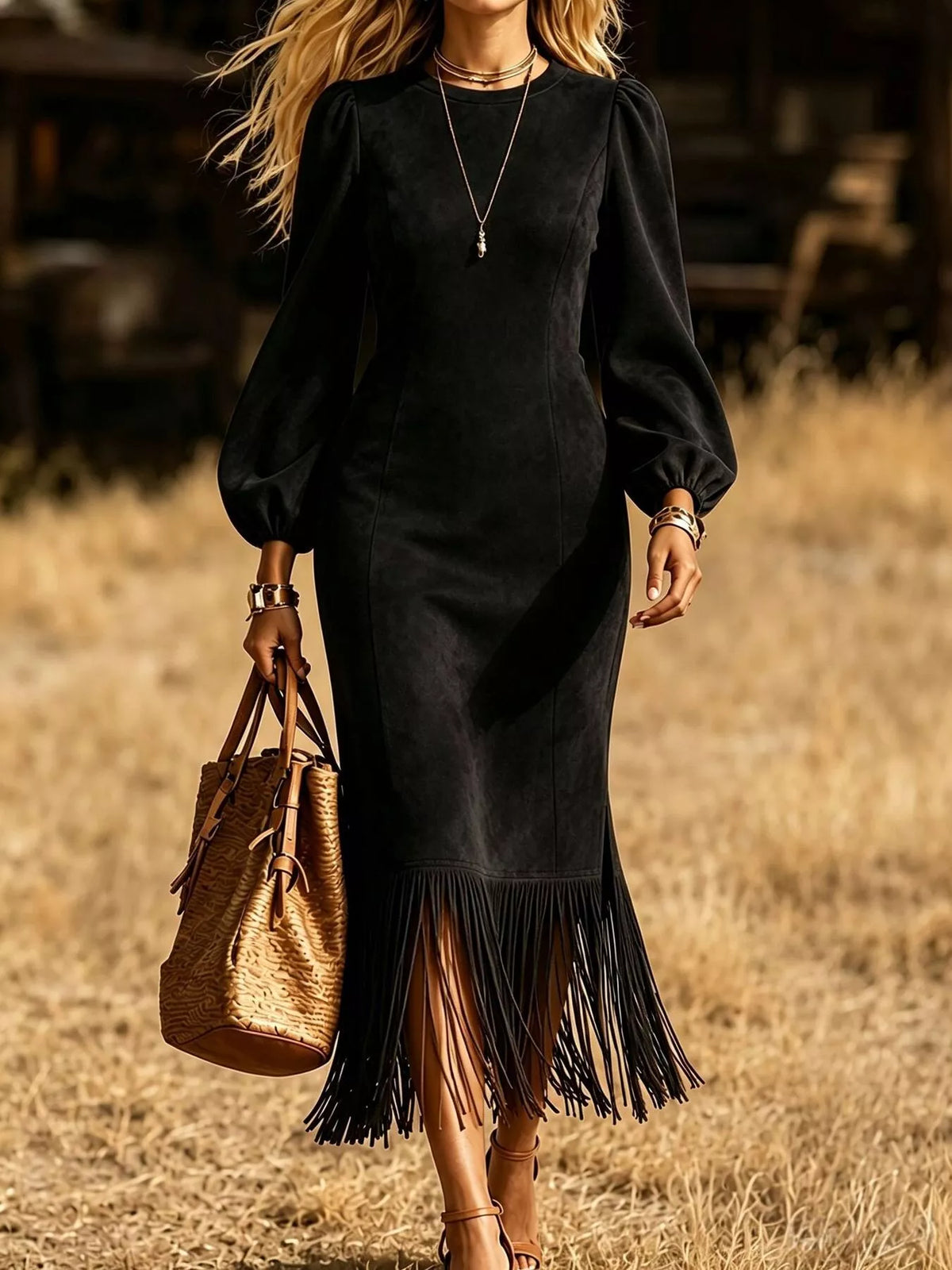 Fringe Balloon Sleeve Midi Dress - Black - View 1