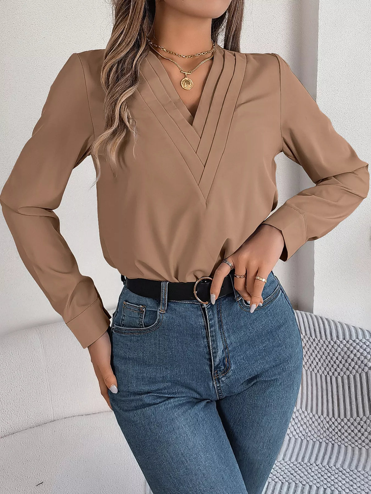 Layered V-Neck Long Sleeve Blouse - Mocha - View 14