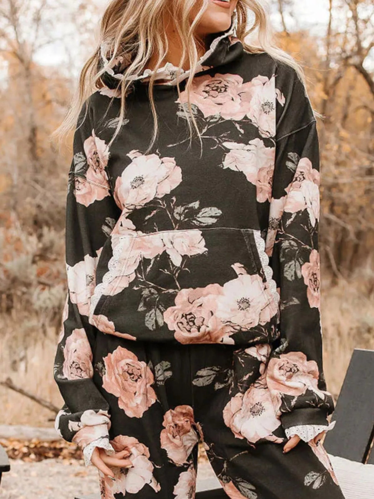 Lace Trim Kangaroo Pocket Hoodie - Blush Pink - View 1