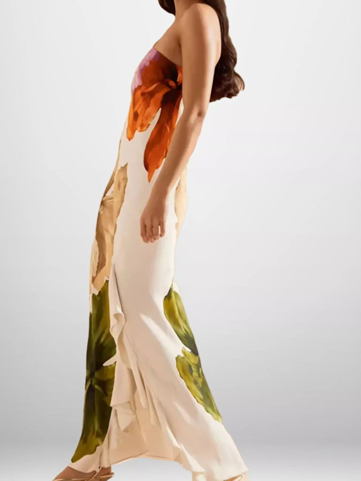 Full Size One-Shoulder Floral Print Satin Maxi Dress Plus Size - Tan - View 3