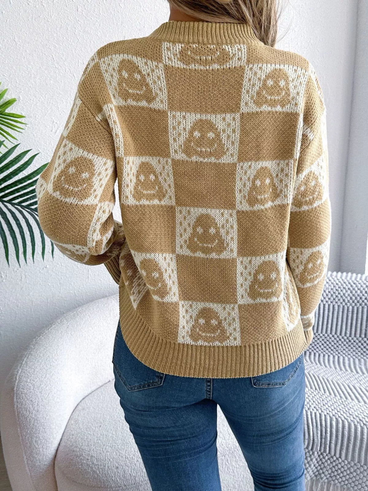 Checkerboard Halloween Graphic Sweater - Khaki - View 5