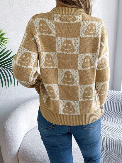 Checkerboard Halloween Graphic Sweater - Khaki - View 5