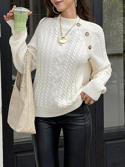 Mock Neck Cable-Knit Sweater - Apricot - View 2