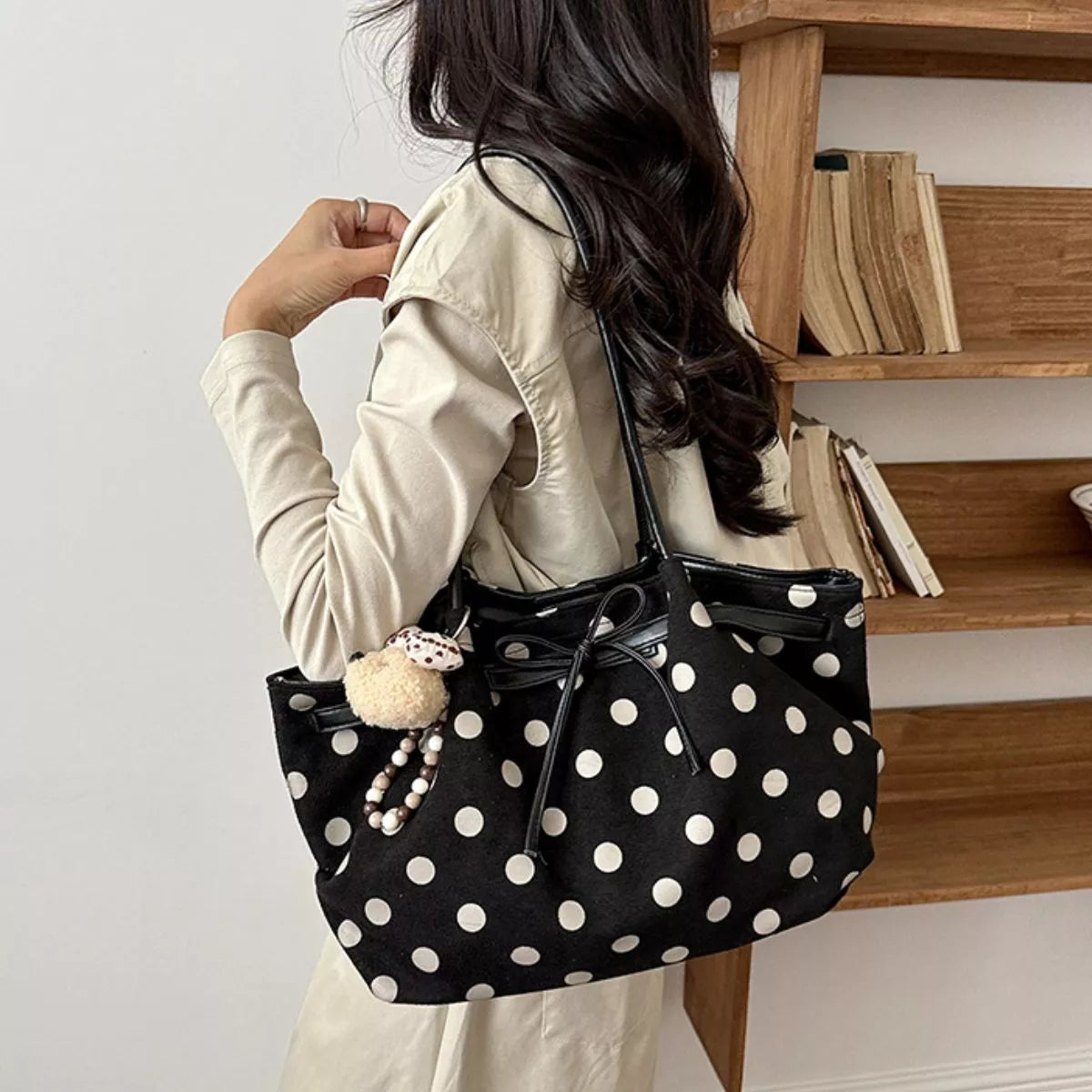 Polka Dot Shoulder Bag - Black - View 6