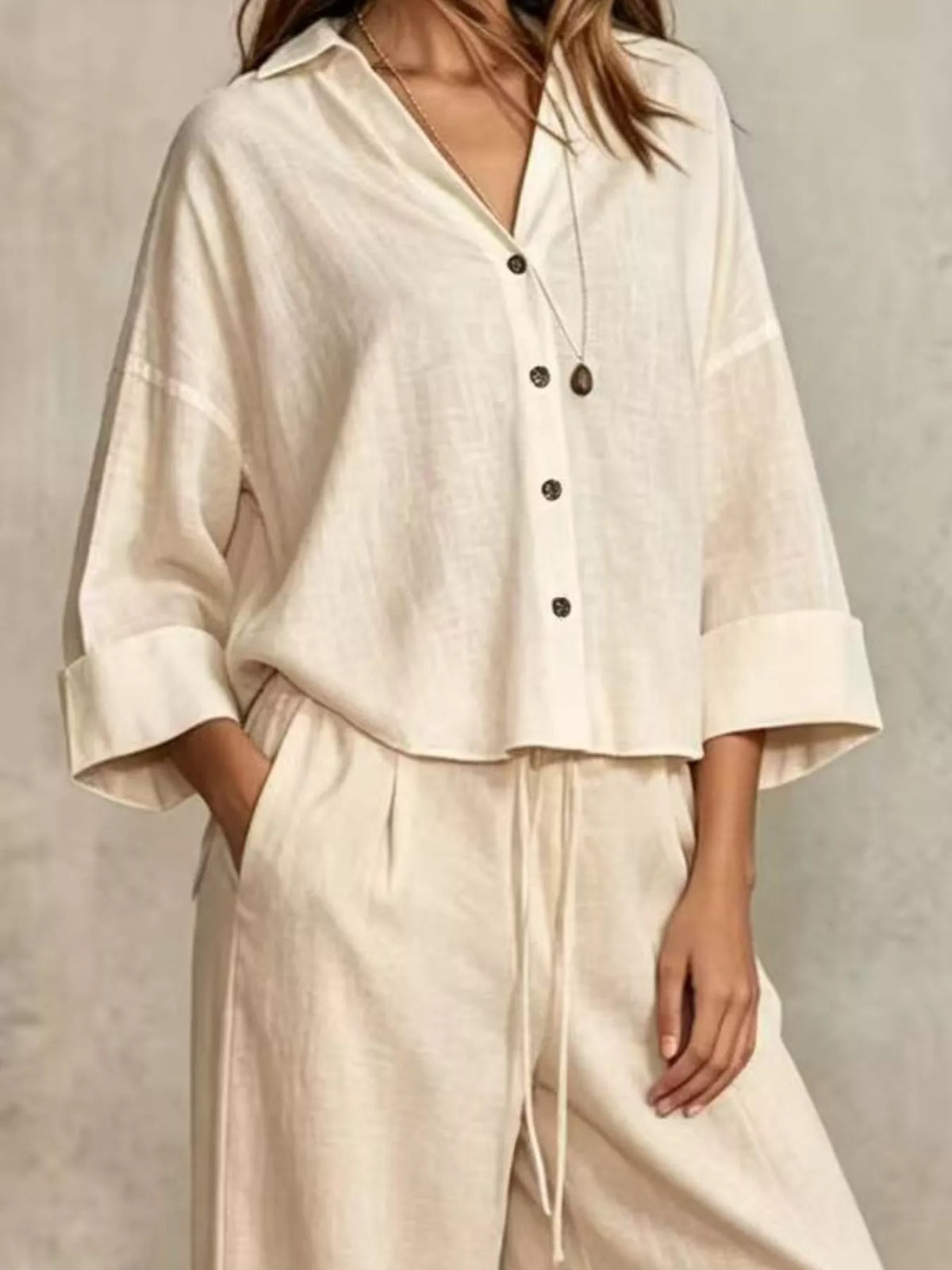 Full Size Button-Down Shirt and Wide-Leg Pants Set Plus Size - Beige - View 2