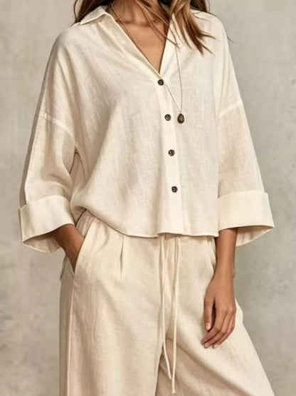 Full Size Button-Down Shirt and Wide-Leg Pants Set Plus Size - Beige - View 2