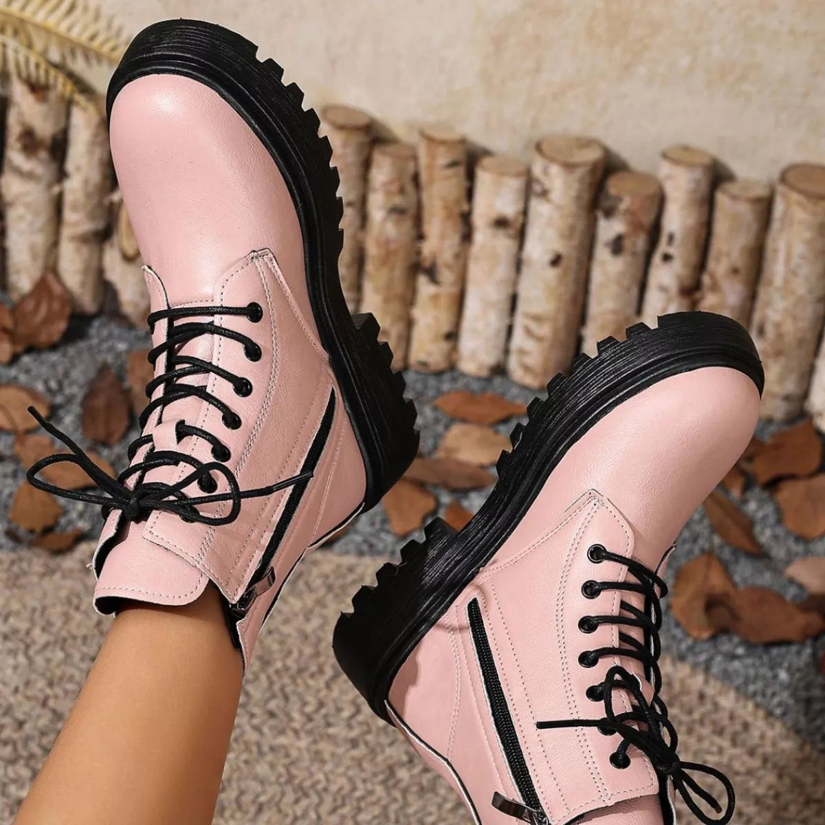 Round Toe Block Heels Boots - Pink - View 10