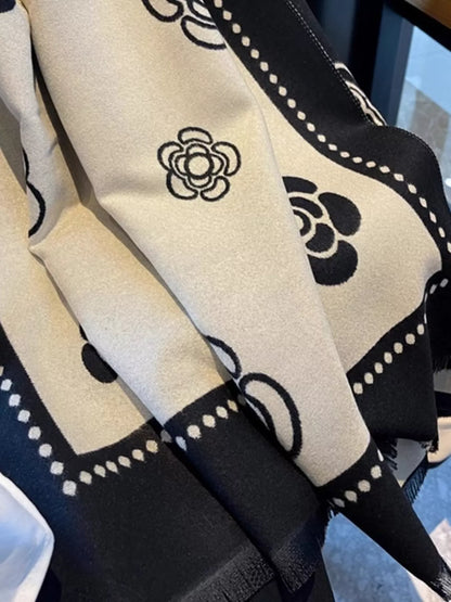 Floral Pattern Raw Hem Scarf - Black - View 3