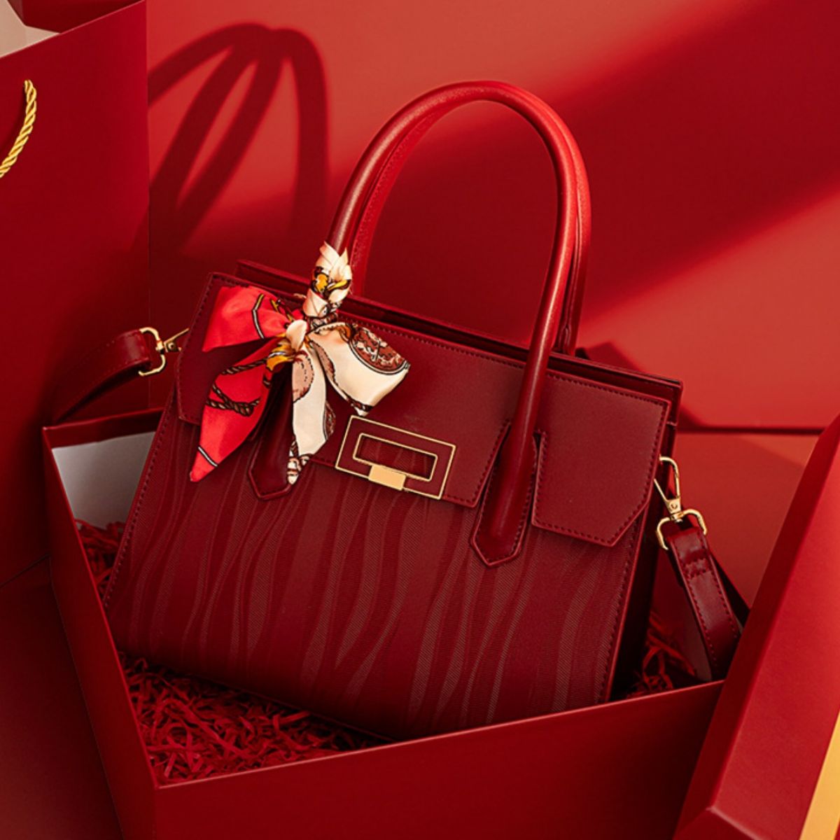 Embossed Leather Top Handle Handbag - Red - View 4