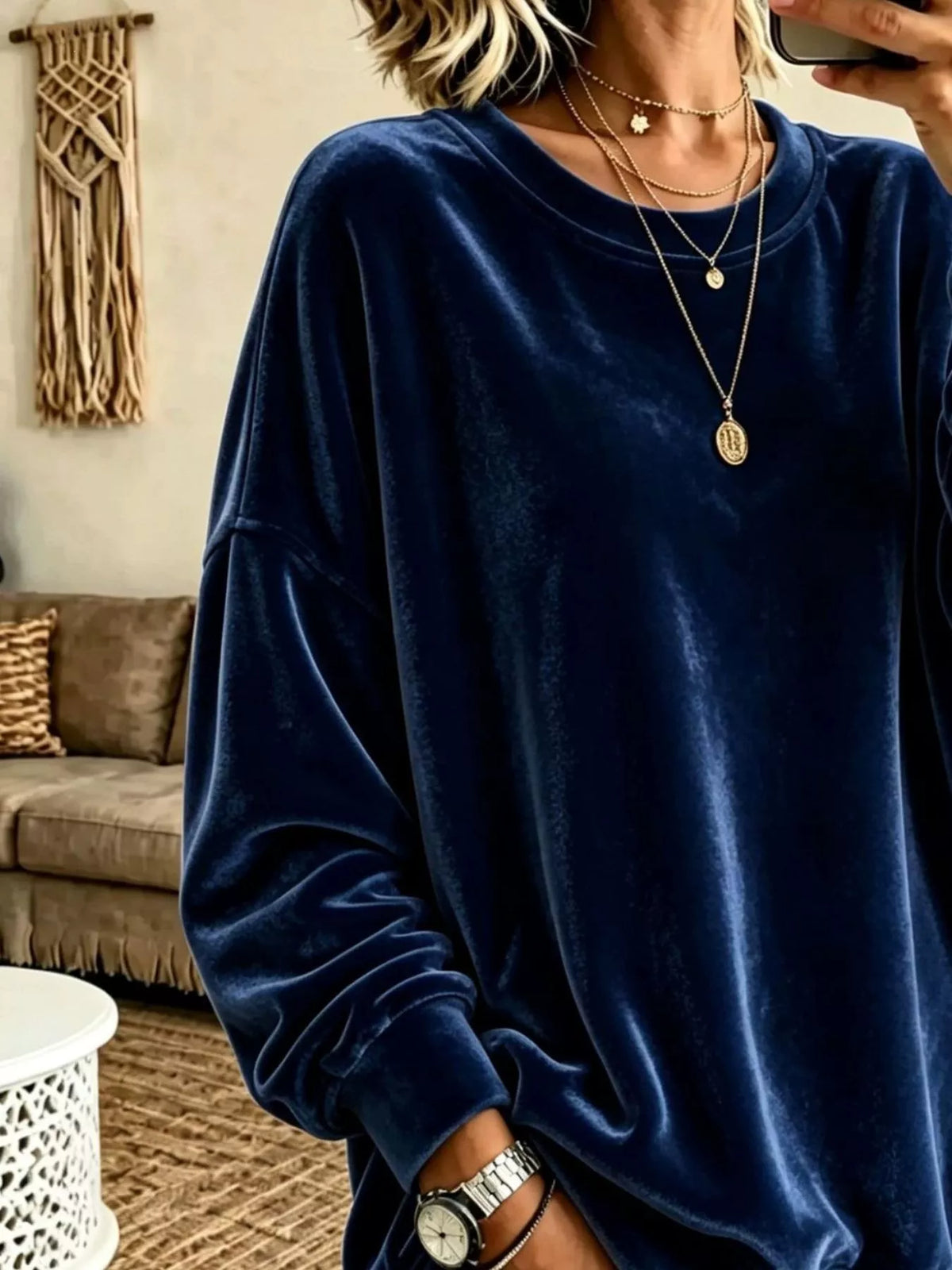 Full Size Solid Color Crew Neck Sweatshirt Plus Size - Navy - View 6