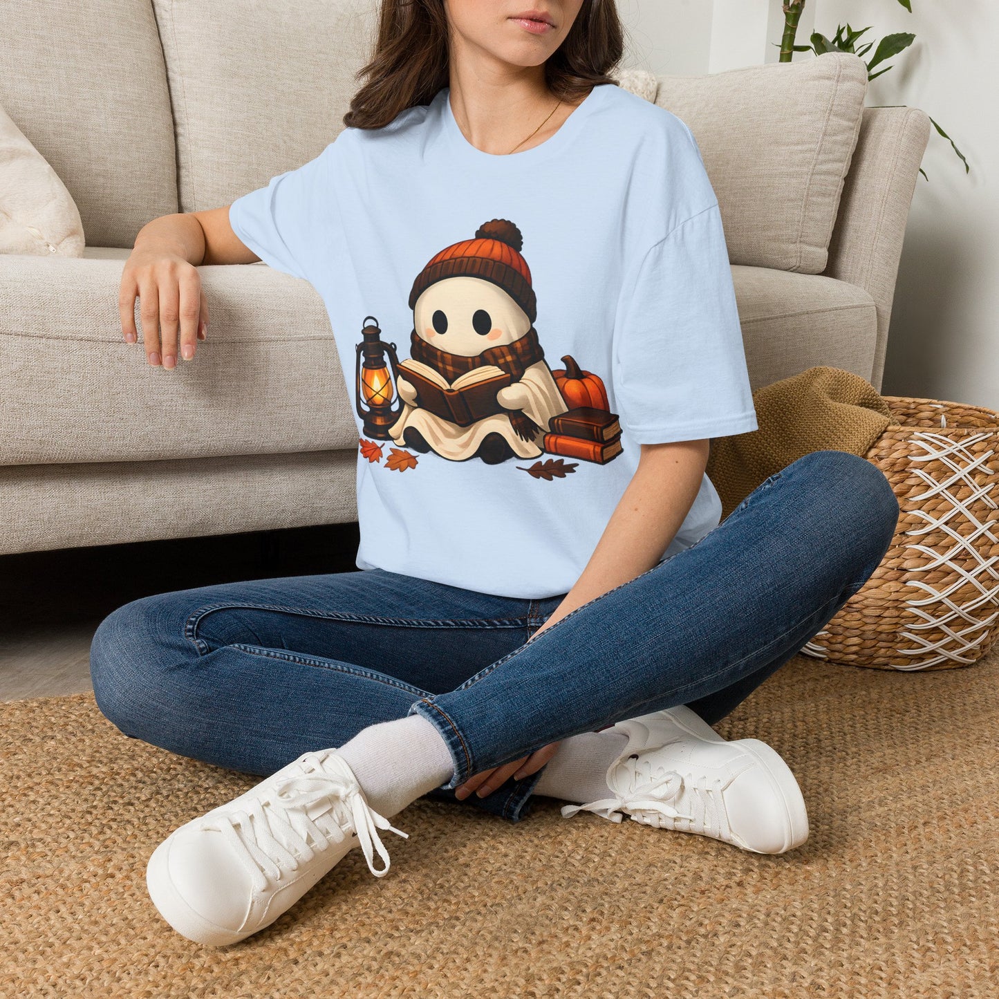 Cozy Reading Ghost Tee - Heather Indigo - product view 2 - Heather Indigo