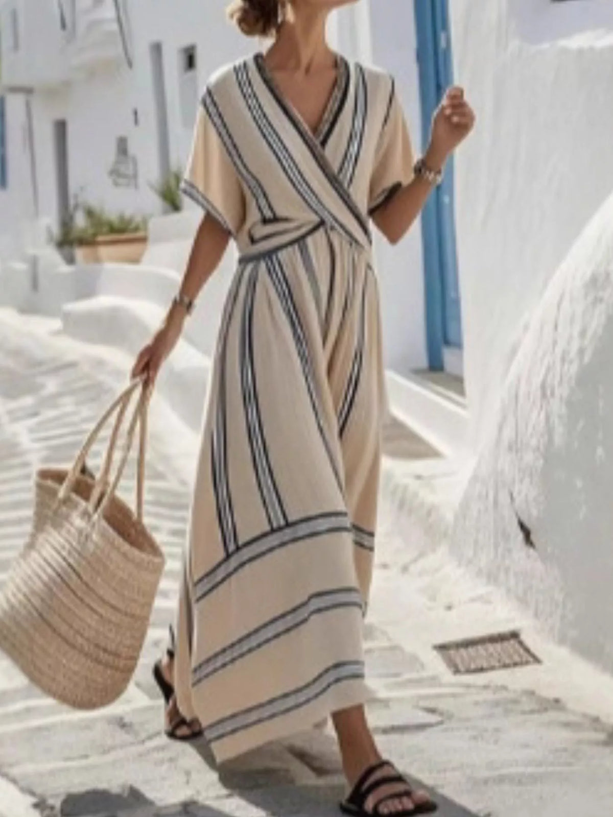 Full Size Striped Surplice Half Sleeve Midi Dress Plus Size - Beige - View 1