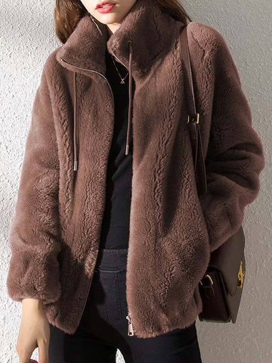 Full Size Drawstring Faux Fur Stand-Collar Zip-Up Outerwear Plus Size - Dark Brown - View 2