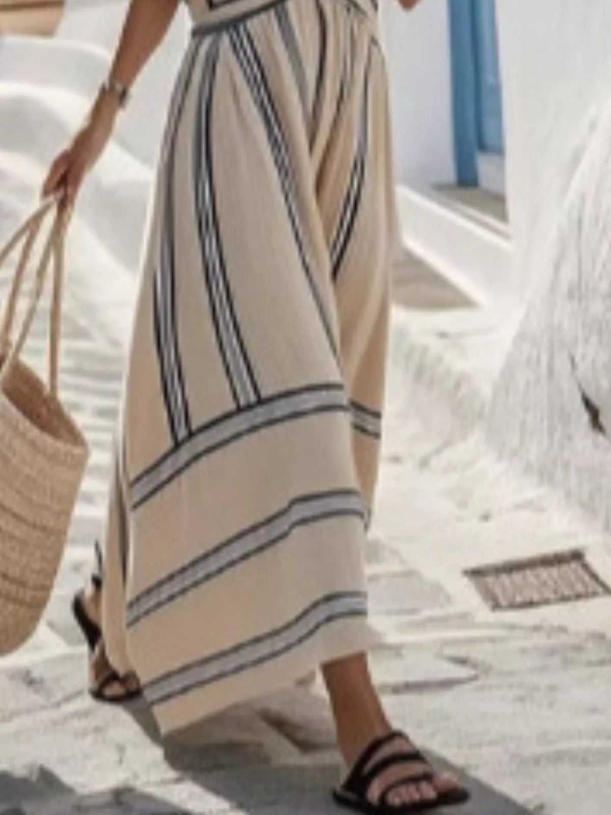 Full Size Striped Surplice Half Sleeve Midi Dress Plus Size - Beige - View 3