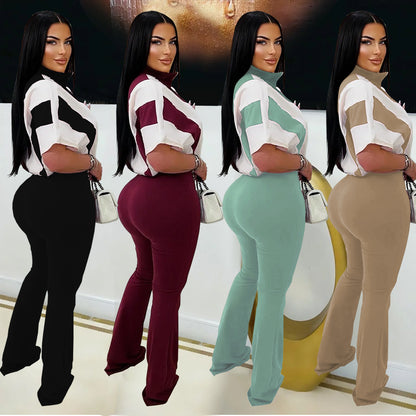 Women's Slim Fit Sporty Short Sleeve and Long Pants Two-Piece Set