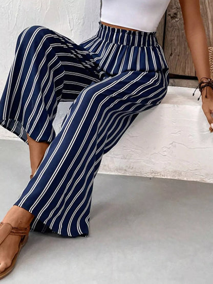 Striped Wide-Leg Pants with Elastic Waistband - Dark Blue - View 3