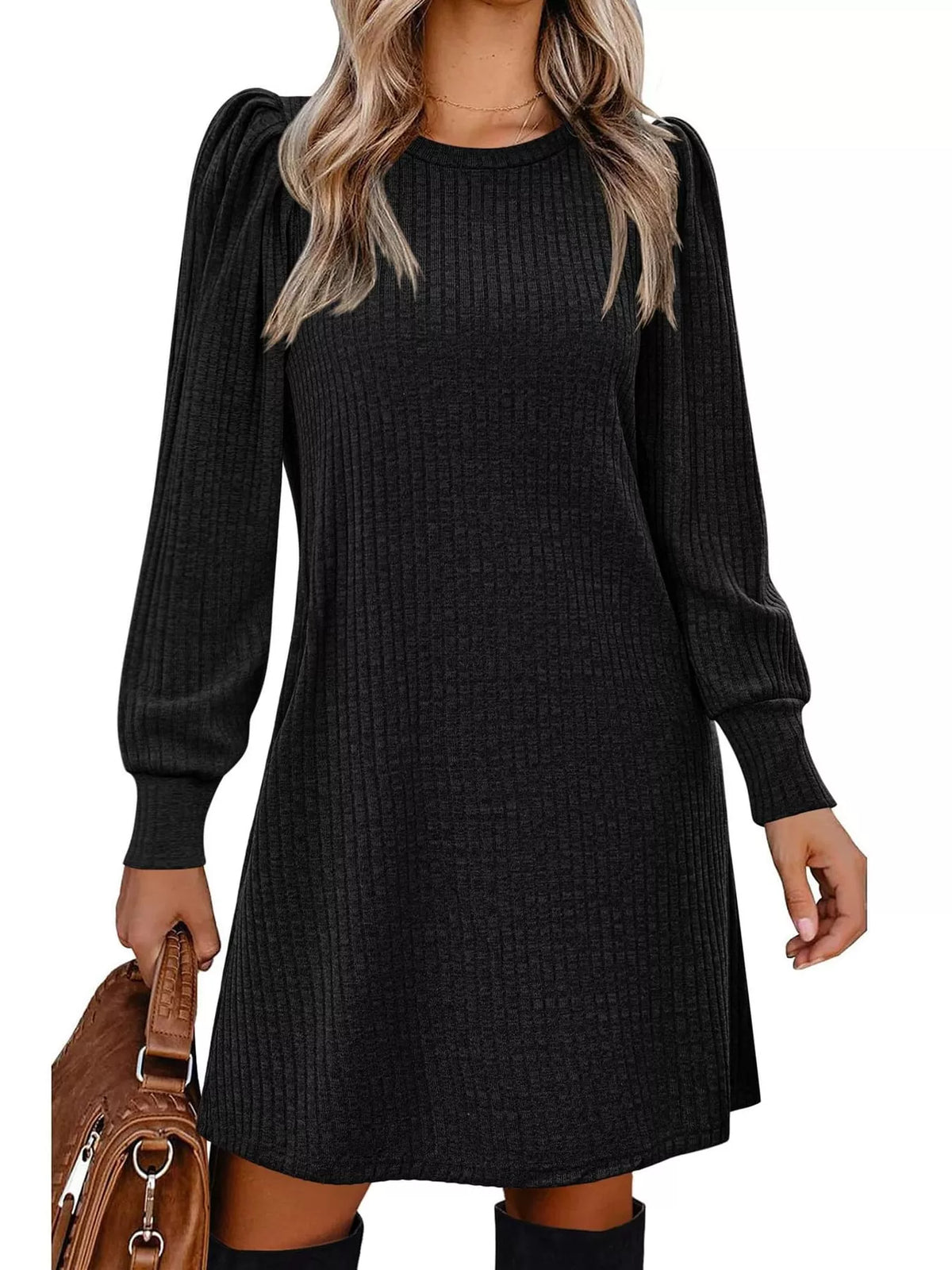 Puff Sleeve Ribbed Knit Dress with Pockets - Black - View 3