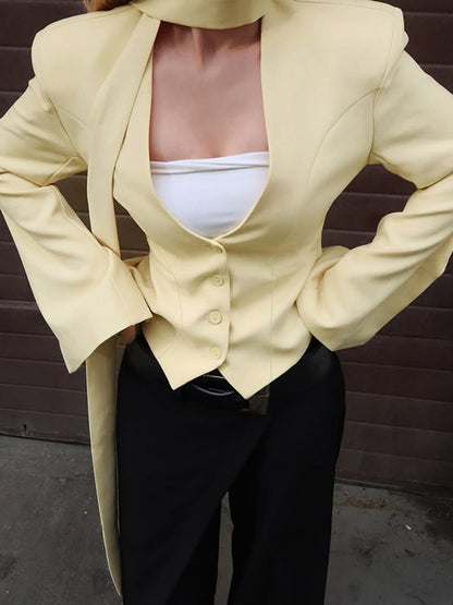 Button Up Long Sleeve Blazer - Pastel Yellow - View 1