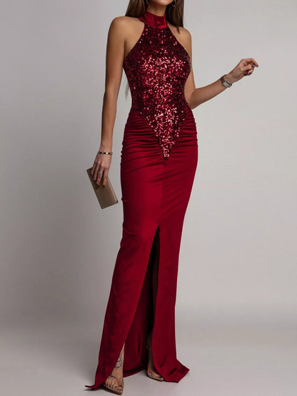 Sequin High Slit Sleeveless Maxi Dress - Burgundy - View 1