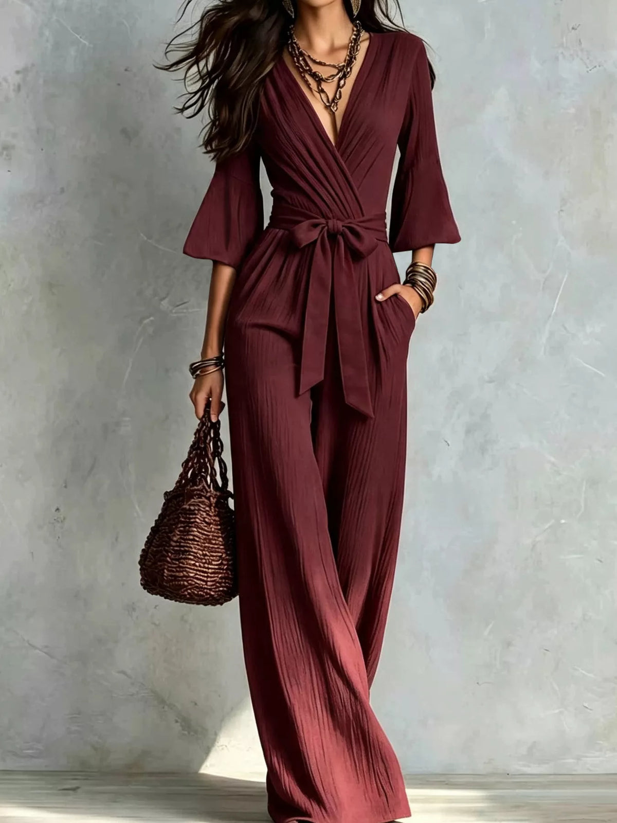Pleated Wide-Leg Jumpsuit with Tie-Waist - Burgundy - View 11