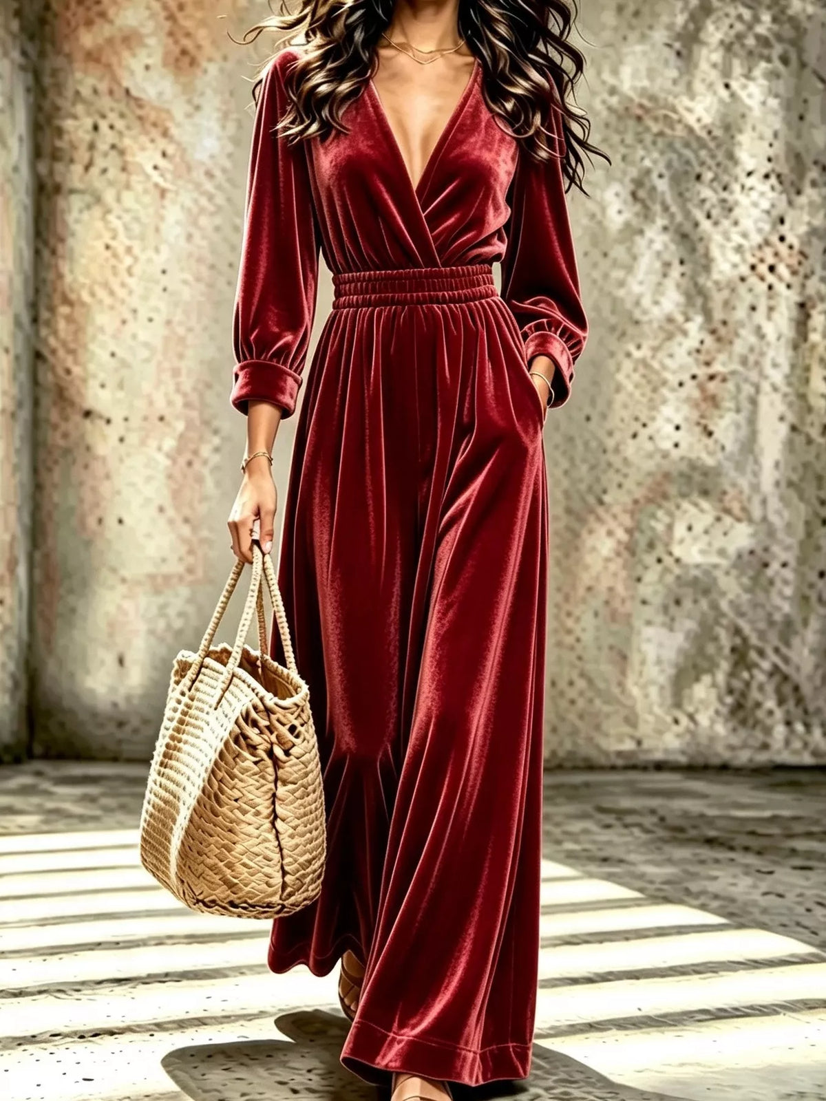 Velvet Surplice Long Sleeve Jumpsuit - Red - View 1