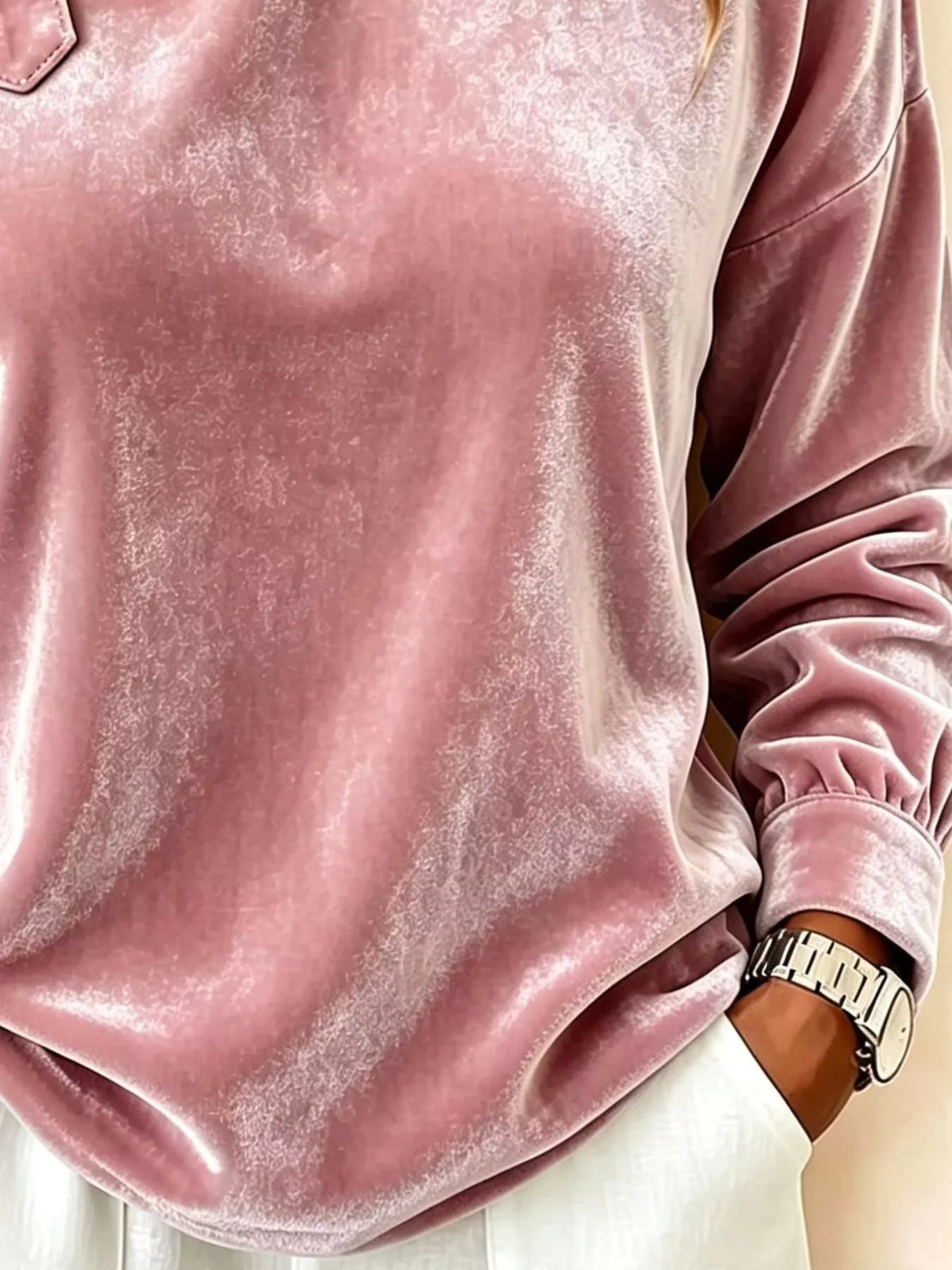 Full Size Velvet Asymmetrical Neck Sweatshirt with Buckle Detail Plus Size - Pink - View 3