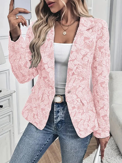 Floral Print Single Button Blazer with Pockets - Pink - View 5