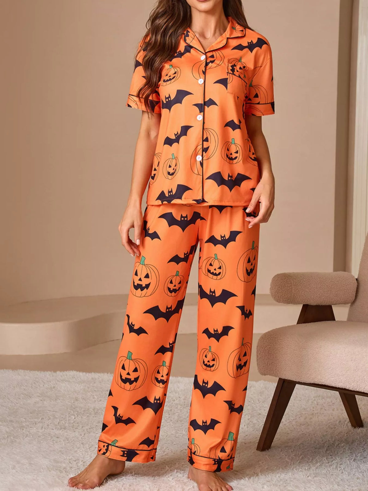 Halloween Pumpkin and Bat Print Button-Down Top and Pants Lounge Set - Orange - View 2