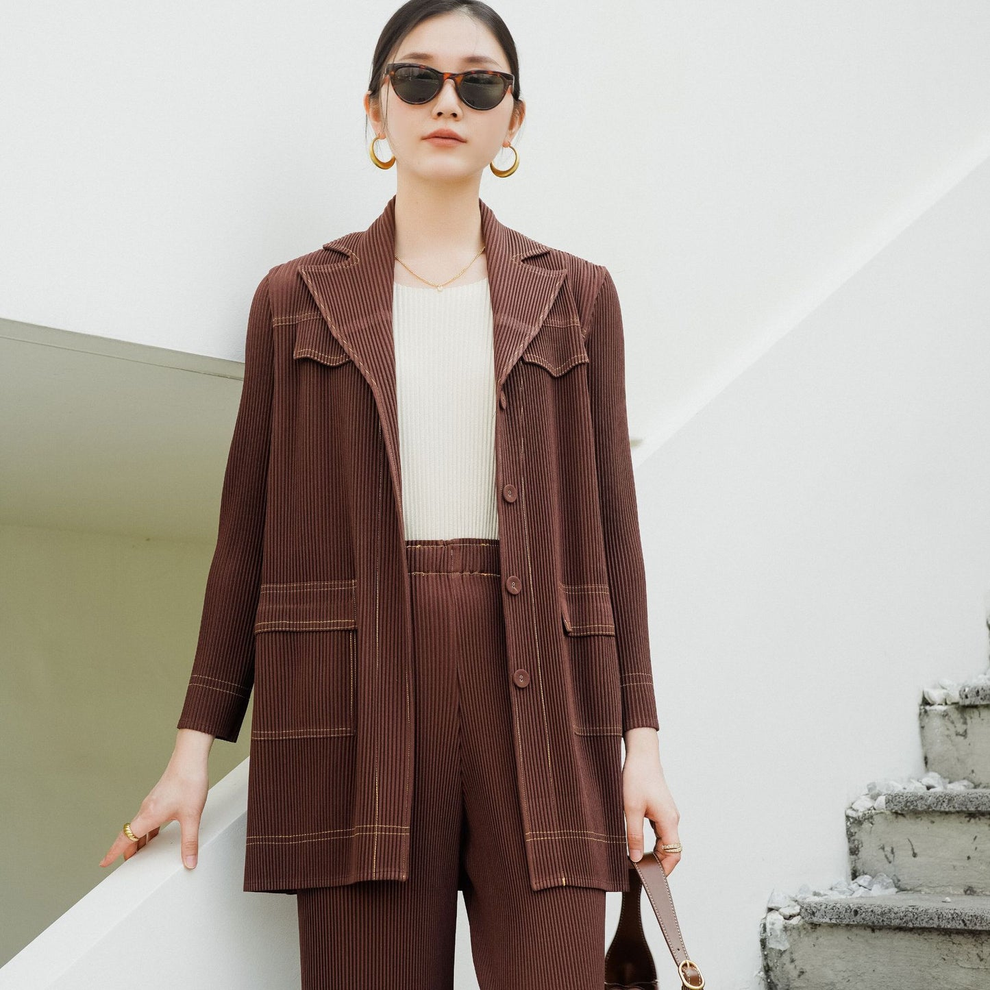 High-quality boutique-style spring new arrival, Issey Miyake pleated vintage high-end denim-inspired chic office suit set
