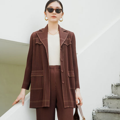 High-quality boutique-style spring new arrival, Issey Miyake pleated vintage high-end denim-inspired chic office suit set