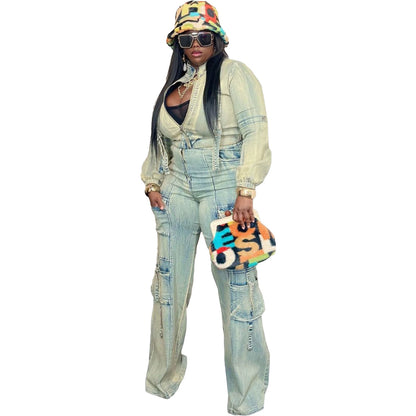 Fashionable Sexy High-Elastic Multi-Pocket Washed Denim Casual Two-Piece Set for Women