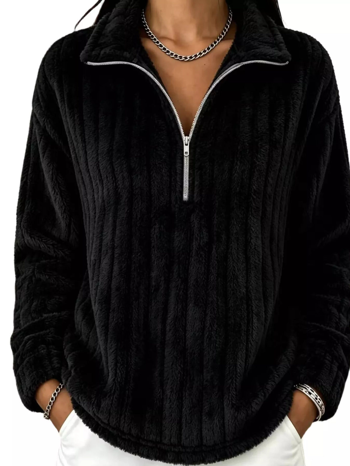 Quarter-Zip Dropped Shoulder Sweatshirt - Black - View 1