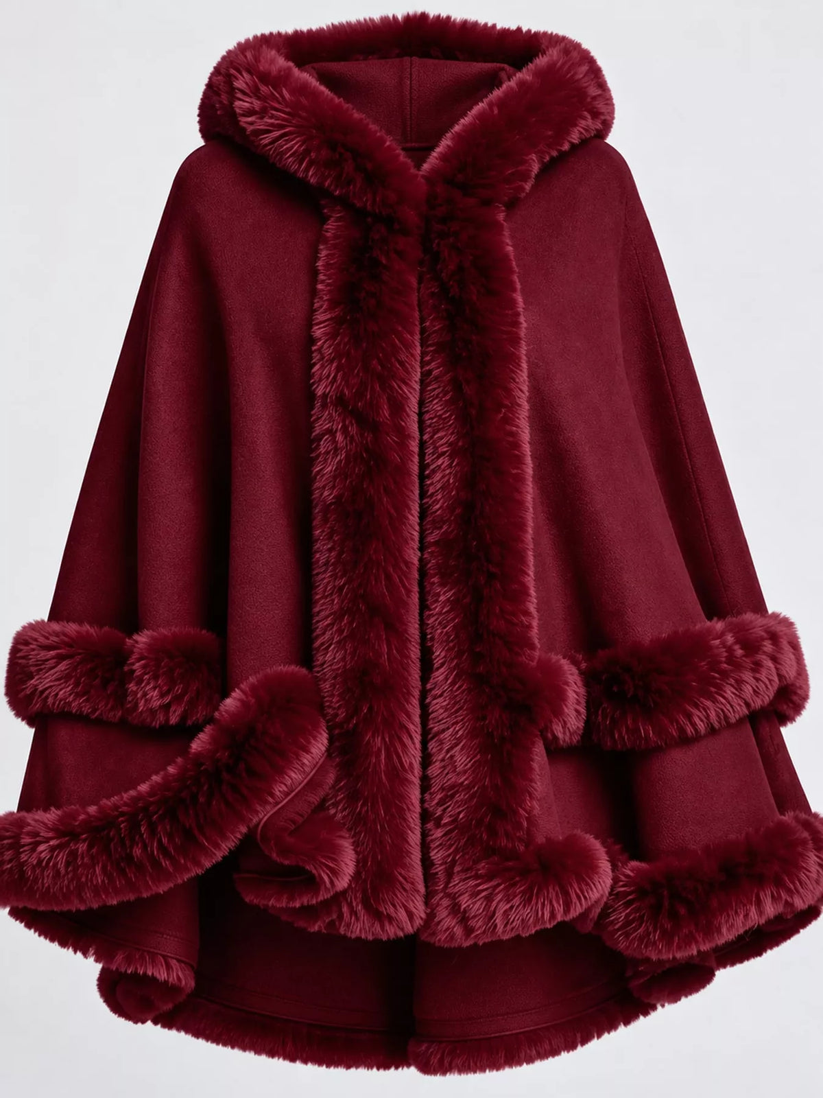 Faux Fur Trimmed Hooded Cape - Burgundy - View 23