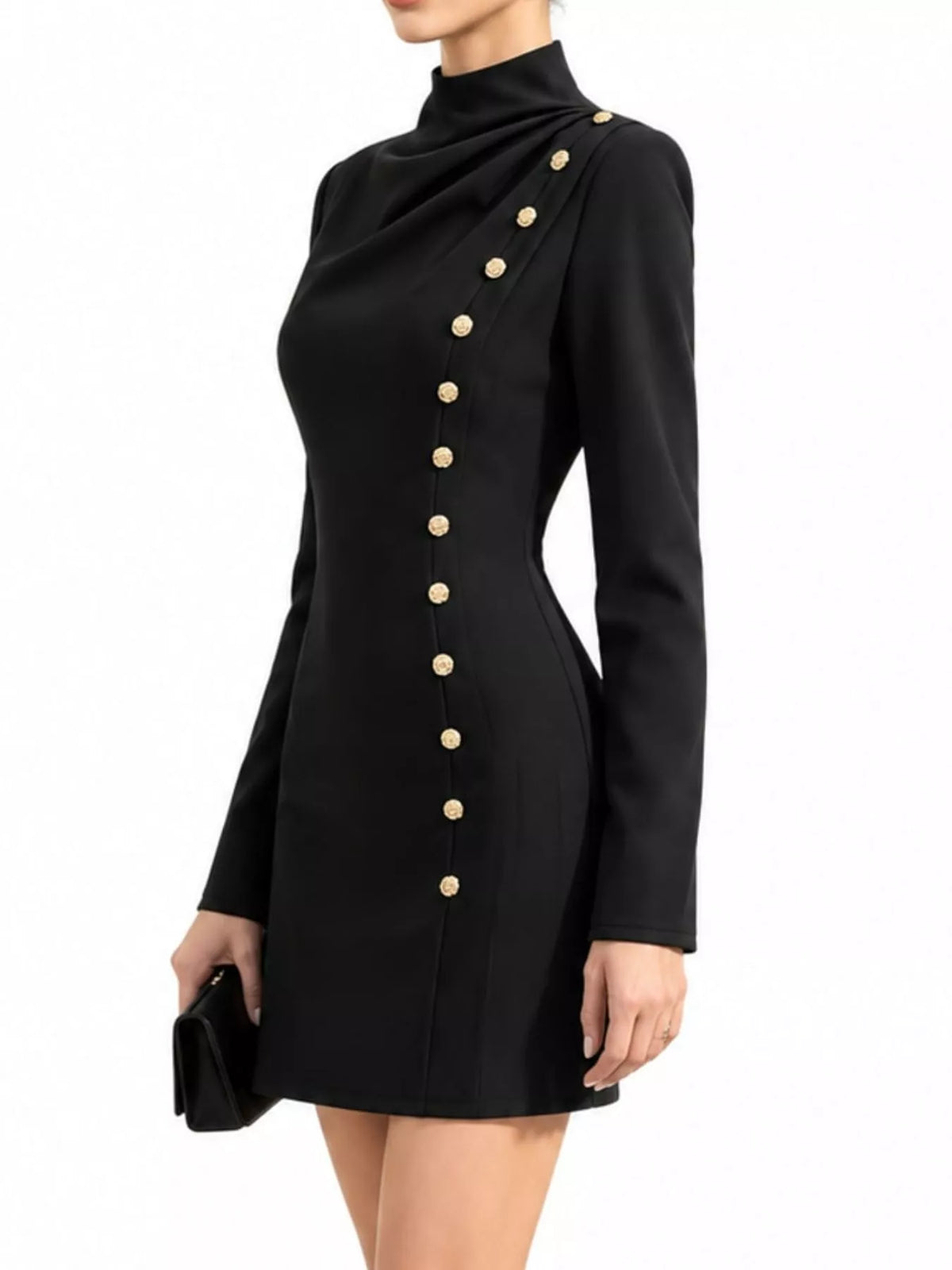 Full Size Decorative Button Mock Neck Mini Dress Plus Size - Black - View 7
