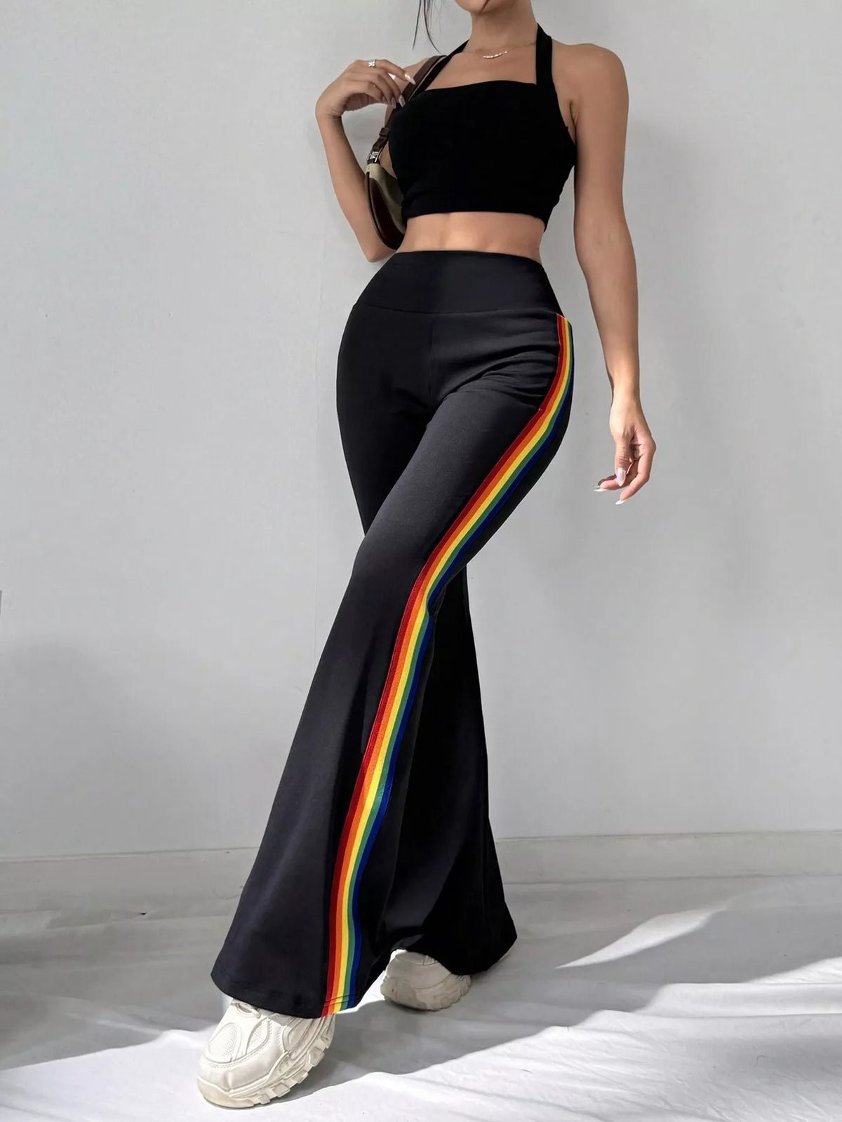 High-Waisted Side-Striped Flare Active Pants - Black and Color Strips - View 3