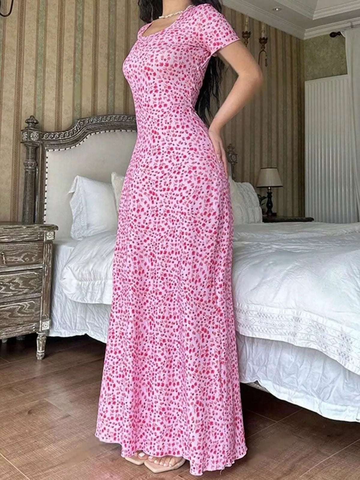 Floral Print Short Sleeve Maxi Dress - Pink - View 1
